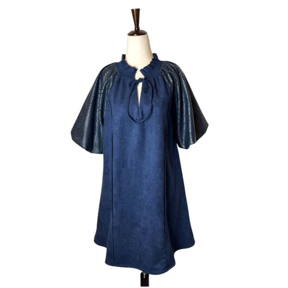 Ciebon Dress Women Medium Blue Faux Suede Leather Cutwork Sleeve A Line Mini - Picture 1 of 12